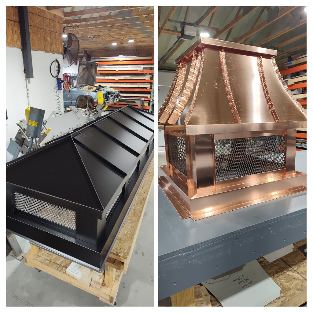 Kynar aluminum and 16oz copper chimney caps fabricated at Archaic Metal — material comparison