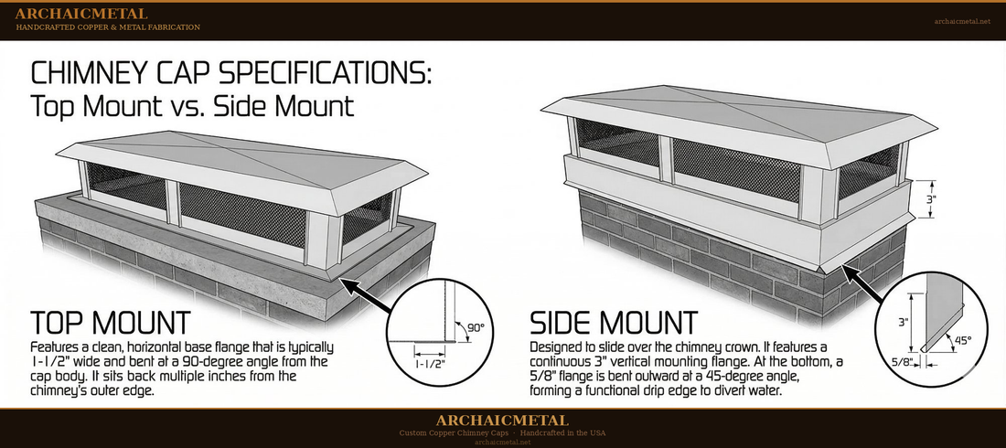 Four-step diagram for measuring a chimney for a custom cap — crown height, flue locations, mounting type, and cap dimensions