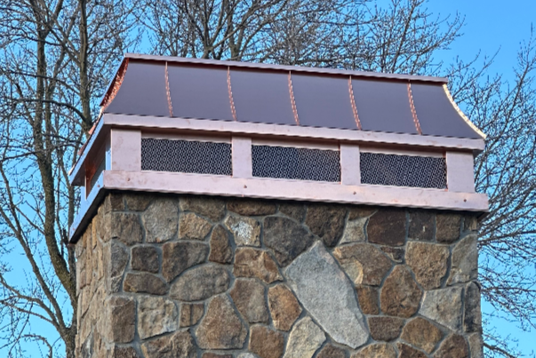 Custom chimney cap installed on stone masonry chimney — Archaic Metal fabricated, Berlin NJ