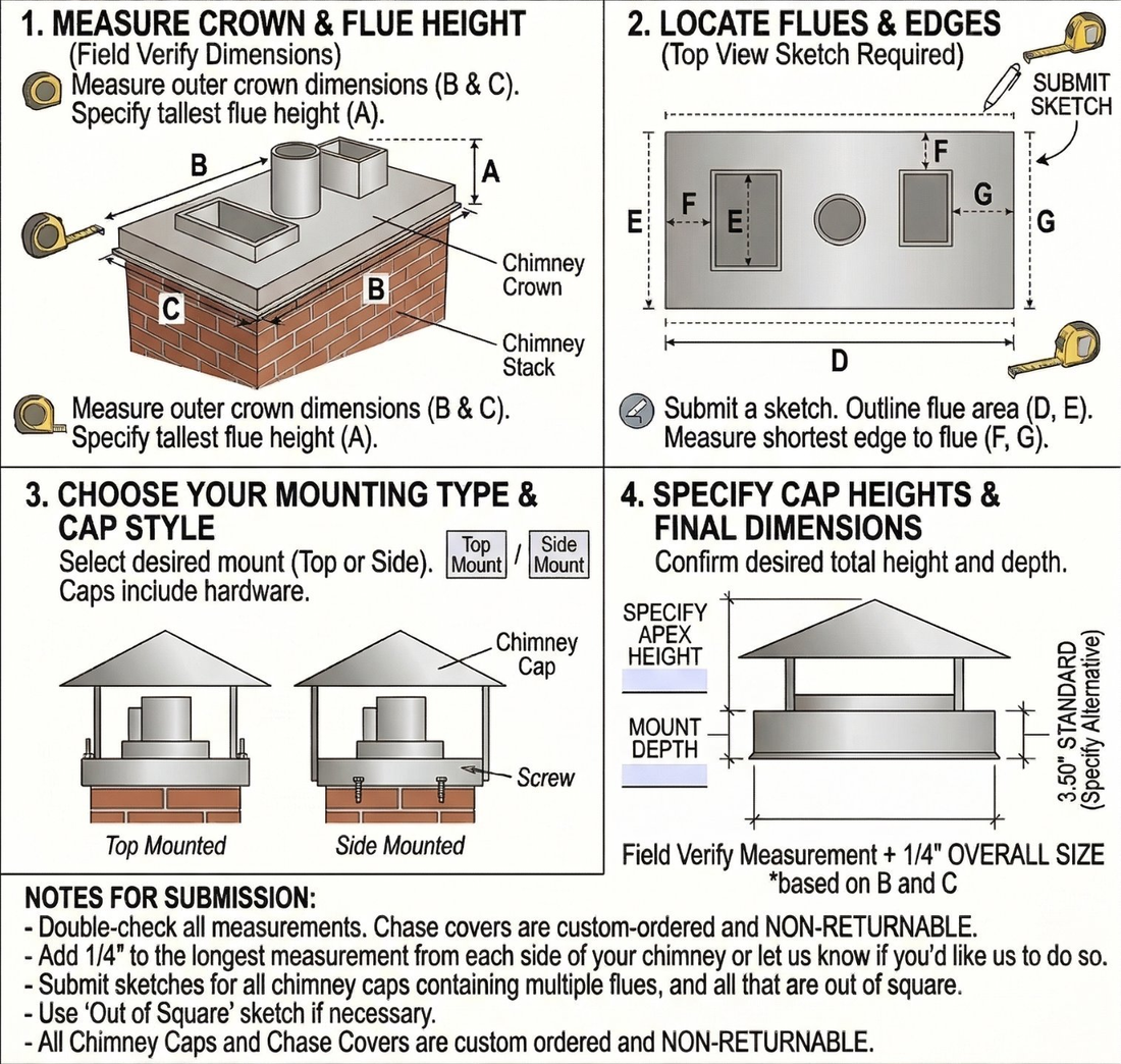 Four-step diagram for measuring a chimney for a custom cap — crown height, flue locations, mounting type, and cap dimensions