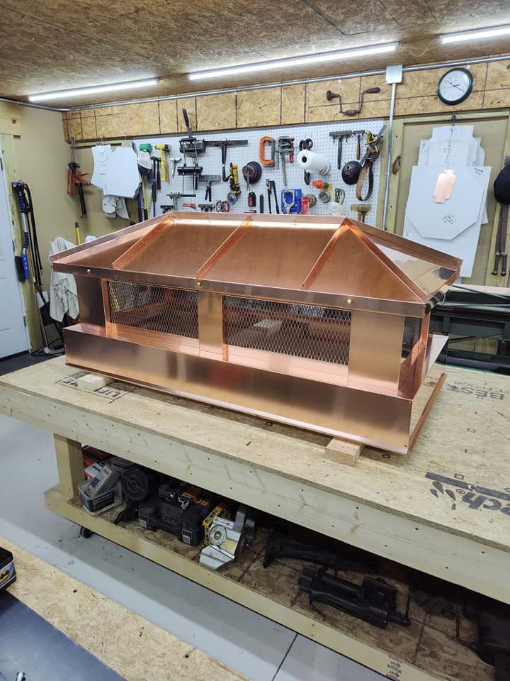 Hip and ridge copper chimney cap with sheet metal tools — made in NJ workshop

