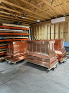 Three matching custom copper chimney shrouds with curved standing seam panels fabricated in Archaic Metal shop, Berlin NJ