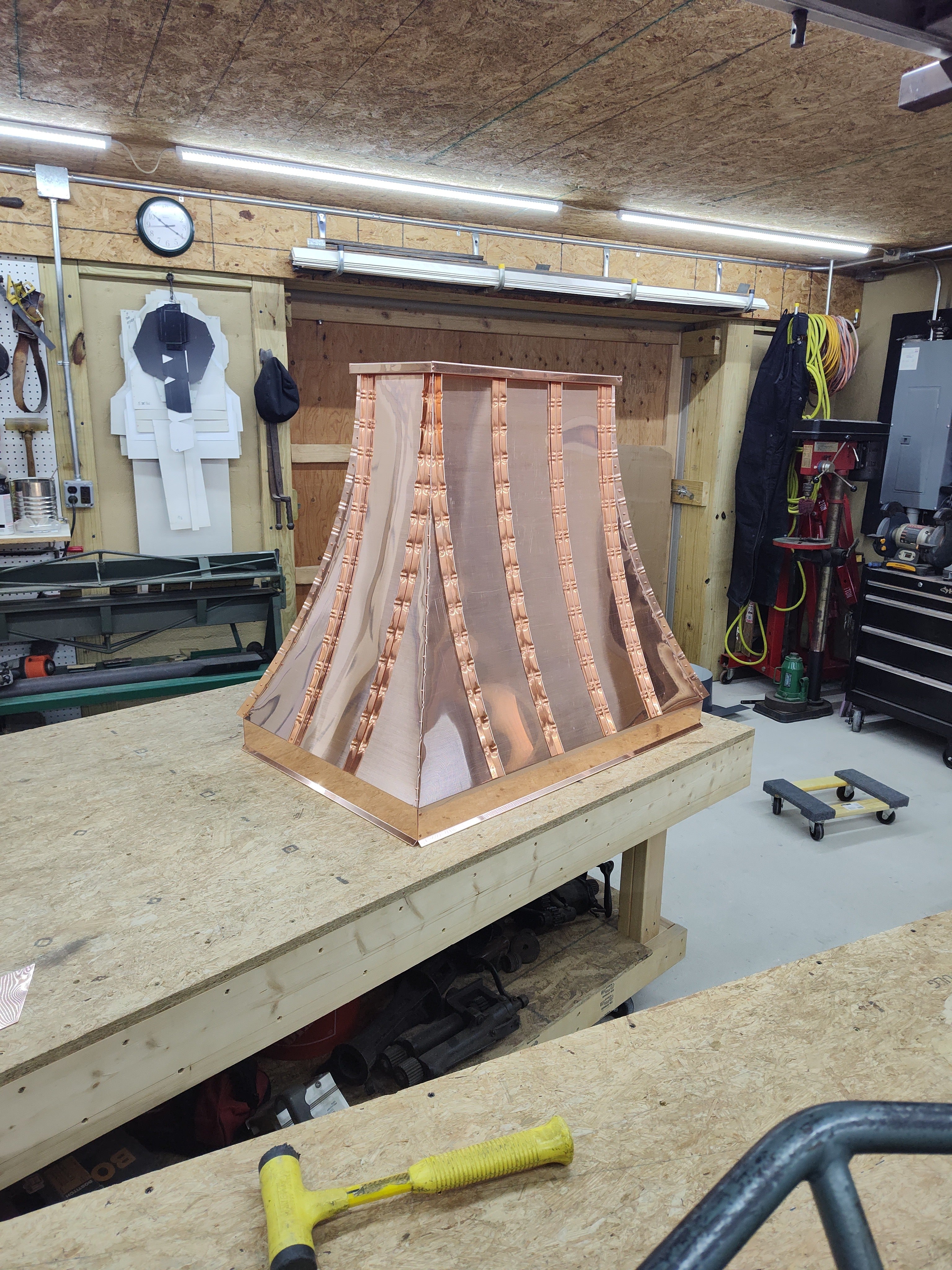 Custom copper chimney shroud with tall tapered profile and standing seam panels, fabricated in Archaic Metal shop NJ