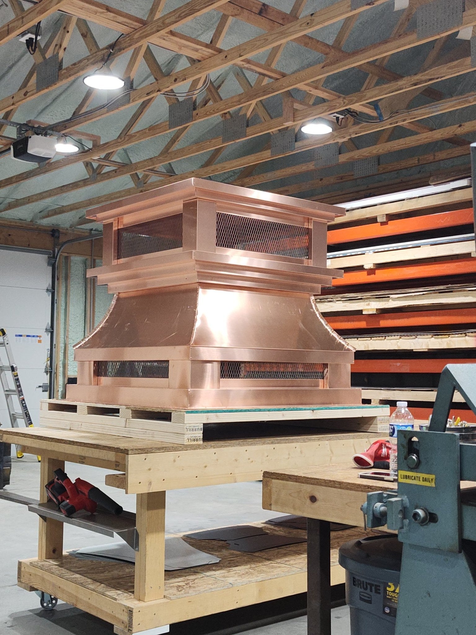 Copper crown top vent cap, alternate angle showing stepped crown and curved panel body