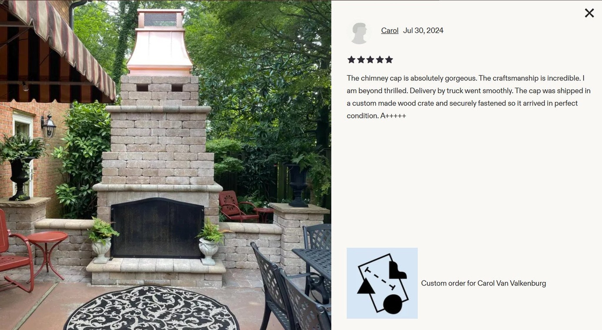 Custom copper top vent curved panel chimney cap installed on outdoor masonry fireplace — 5-star customer photo