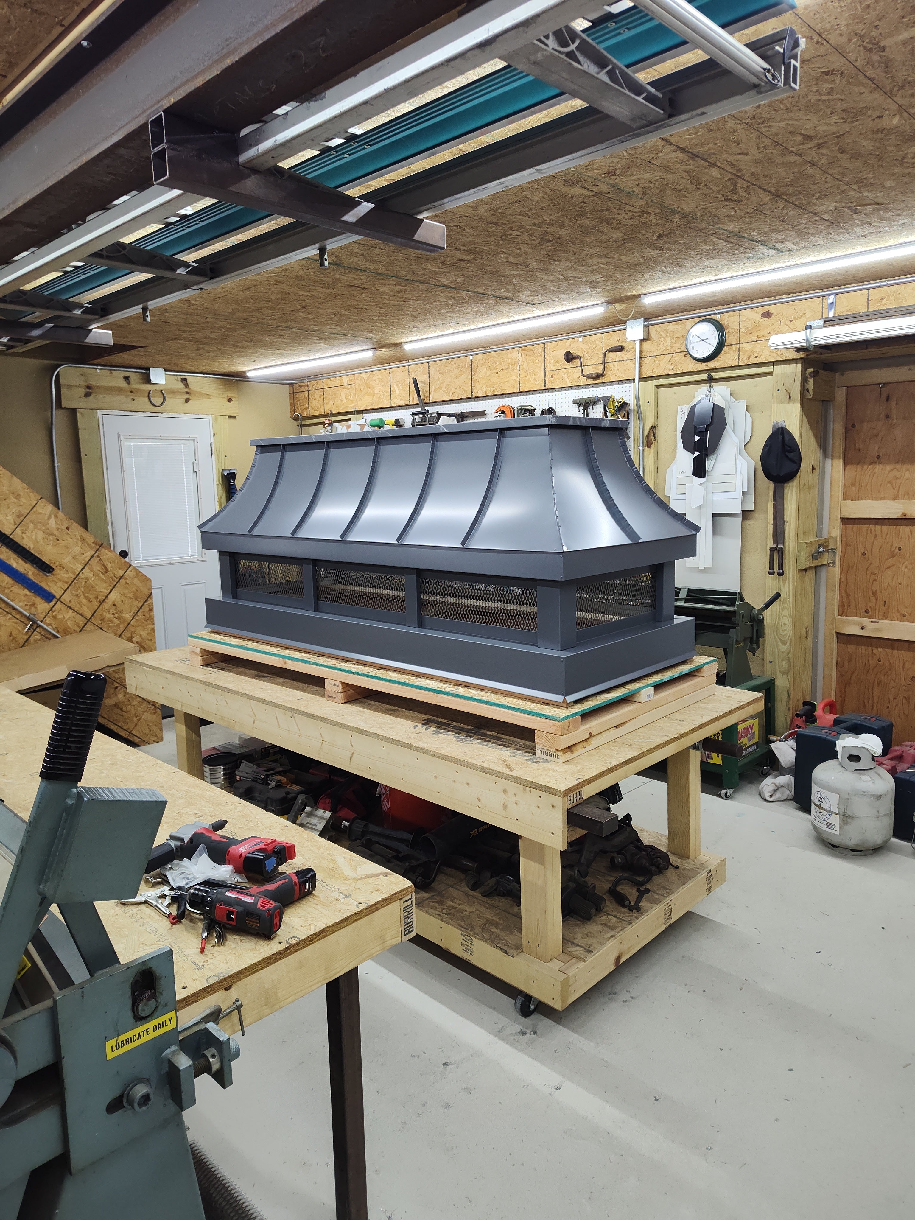 Charcoal grey Kynar aluminum chimney cap ready to ship — custom fabricated in the Archaic Metal shop, Berlin NJ