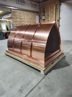 Large custom 16oz copper chimney cap with arched cathedral top, decorative standing seam panels, and side mount skirt — handcrafted any size by ArchaicMetal