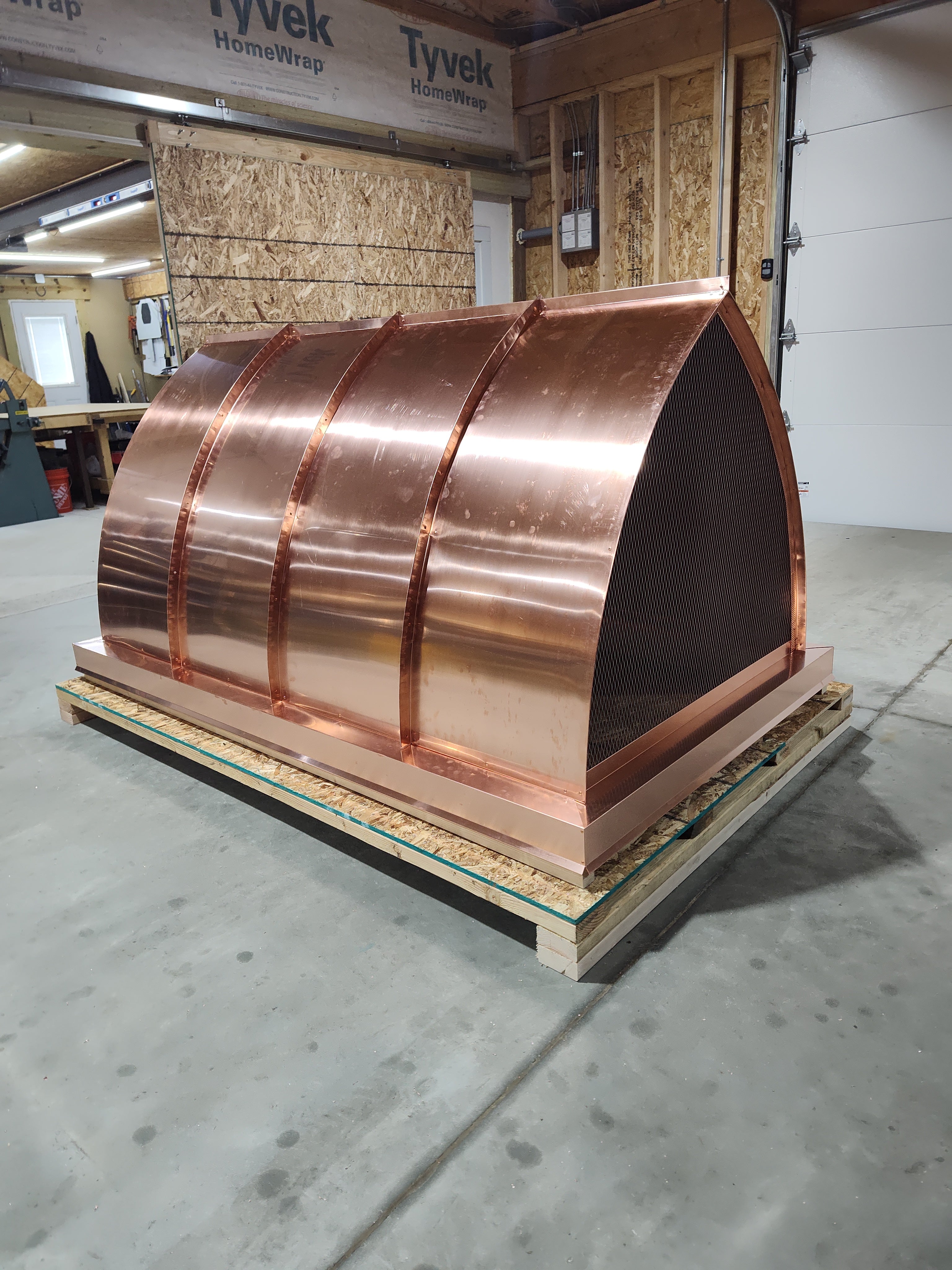 Large custom 16oz copper chimney cap with arched cathedral top, decorative standing seam panels, and side mount skirt — handcrafted any size by ArchaicMetal