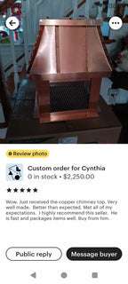 Five star buyer review photo of copper chimney cap delivered to customer, custom order fabricated by Archaic Metal