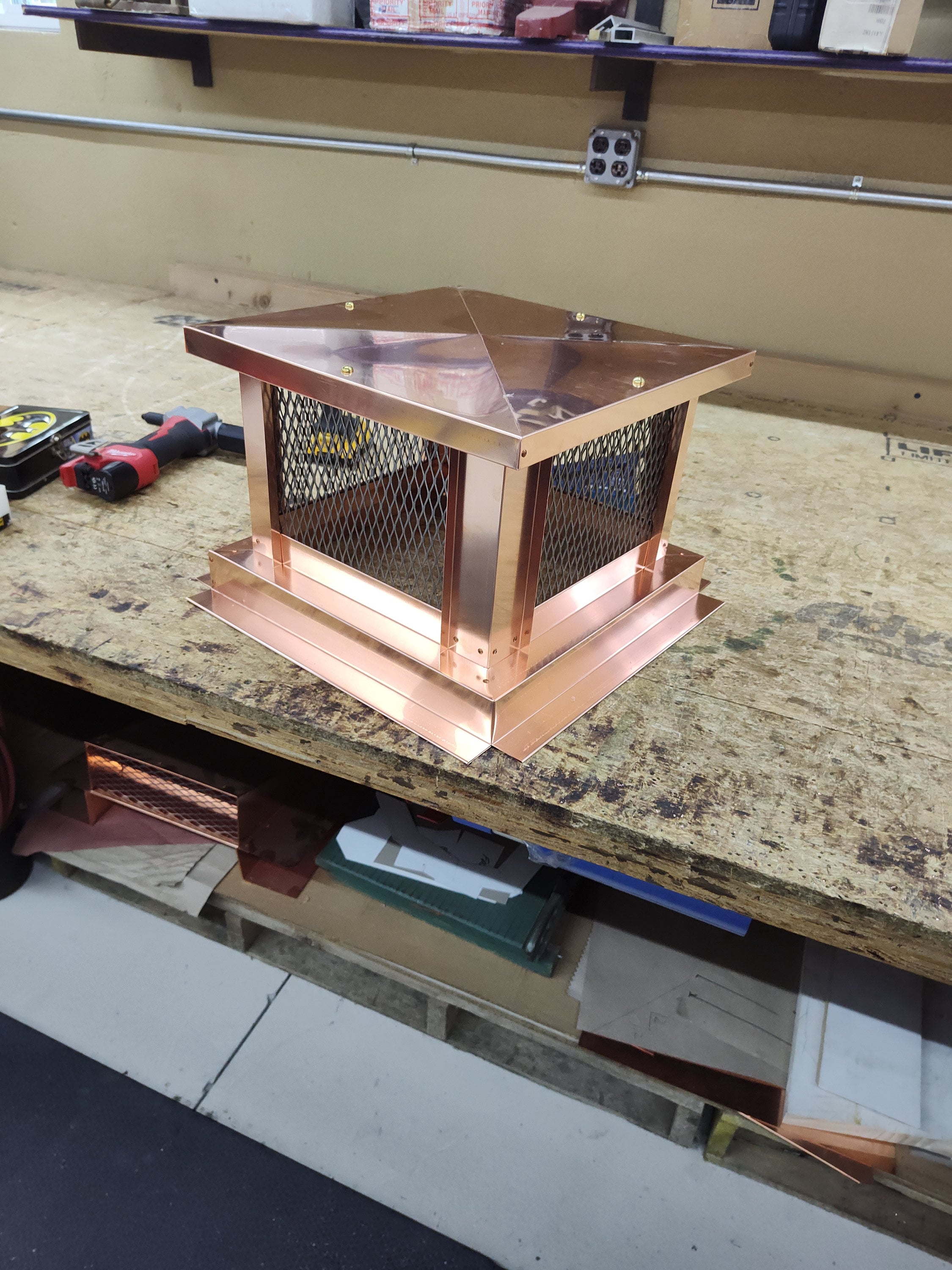 Flat top copper chimney cap, top mount single flue, alternative profile to curved panel design, Archaic Metal