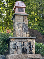 Copper chimney cap installed on stone masonry chimney, top mount single flue, 16 oz copper by Archaic Metal