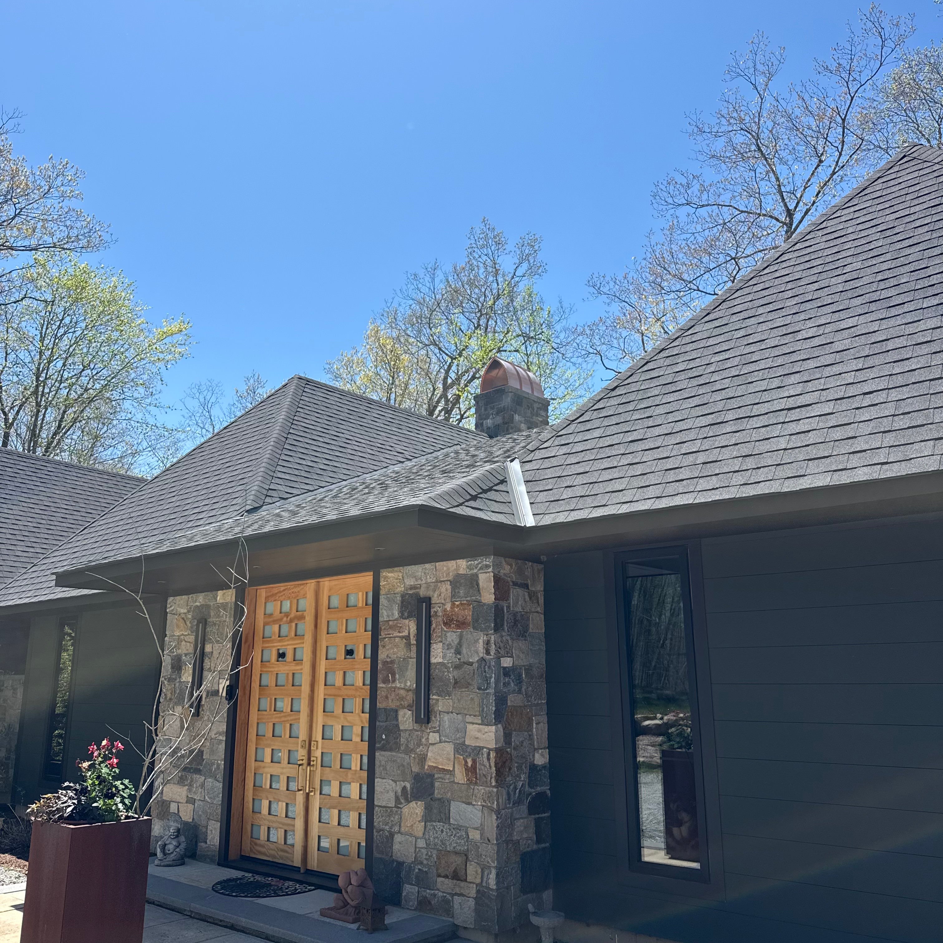 Copper arched cathedral chimney cap installed on Connecticut home, custom fabrication