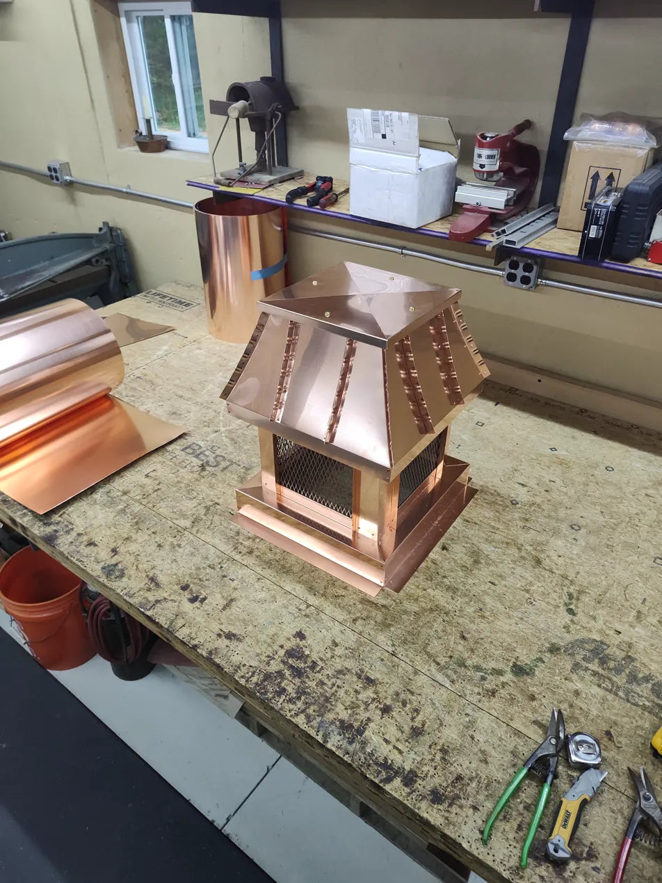 Cross brake removable lid, copper chimney cap, top view — hand-fabricated by Archaic Metal, Berlin NJ