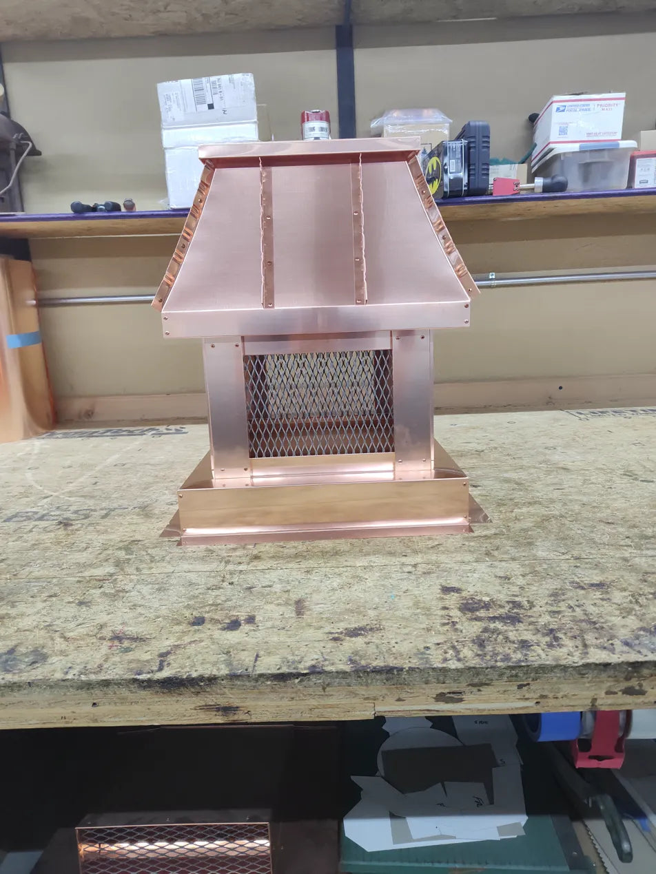 Cross brake removable lid, copper chimney cap, top view — hand-fabricated by Archaic Metal, Berlin NJ