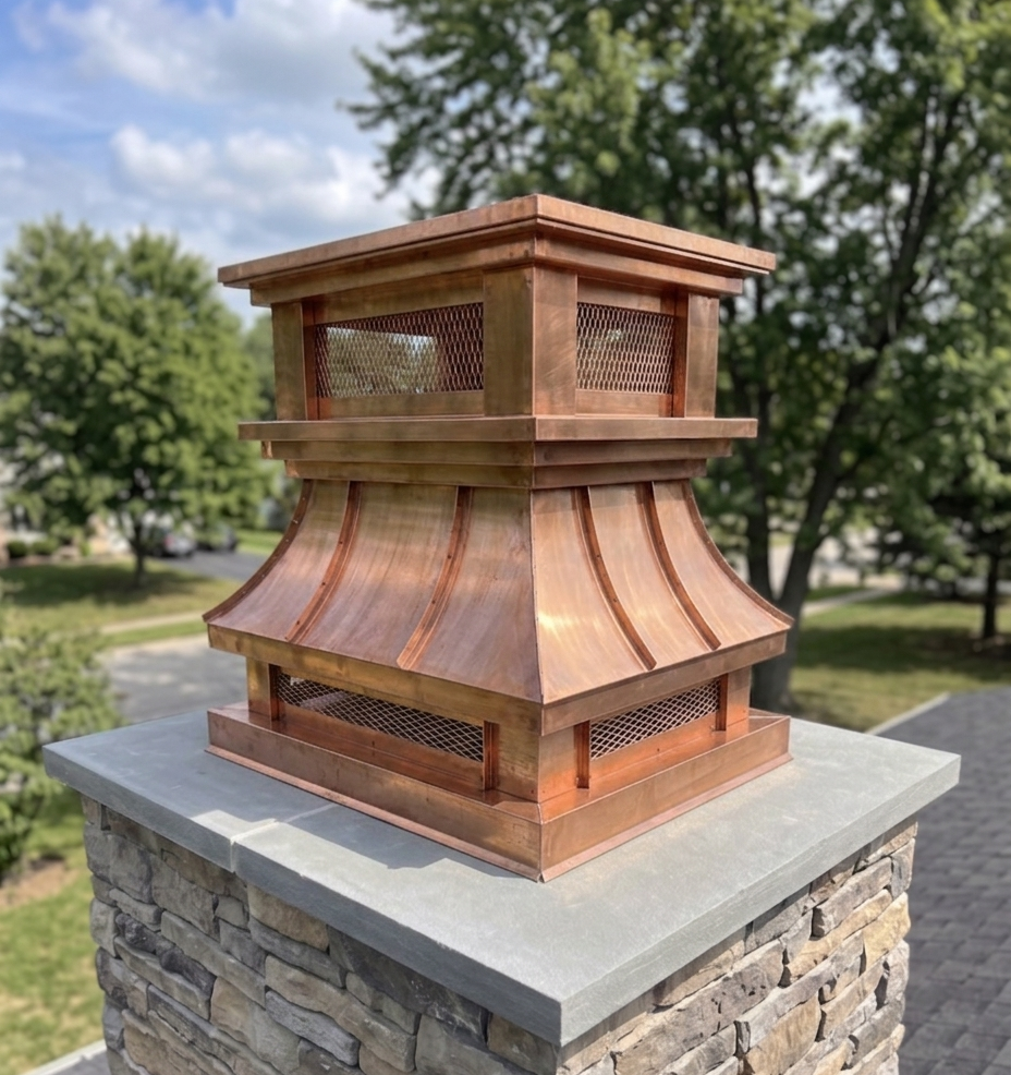 Custom crown top vent chimney flue cover in 16oz Copper installed on stone masonry chimney — top mount, hand-fabricated in Berlin NJ