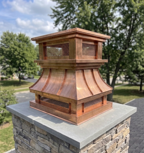 Custom crown top vent chimney flue cover in 16oz Copper installed on stone masonry chimney — top mount, hand-fabricated in Berlin NJ