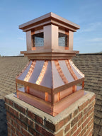 Custom copper CTV chimney cap with curved panels and mesh screen vents, installed on brick chimney