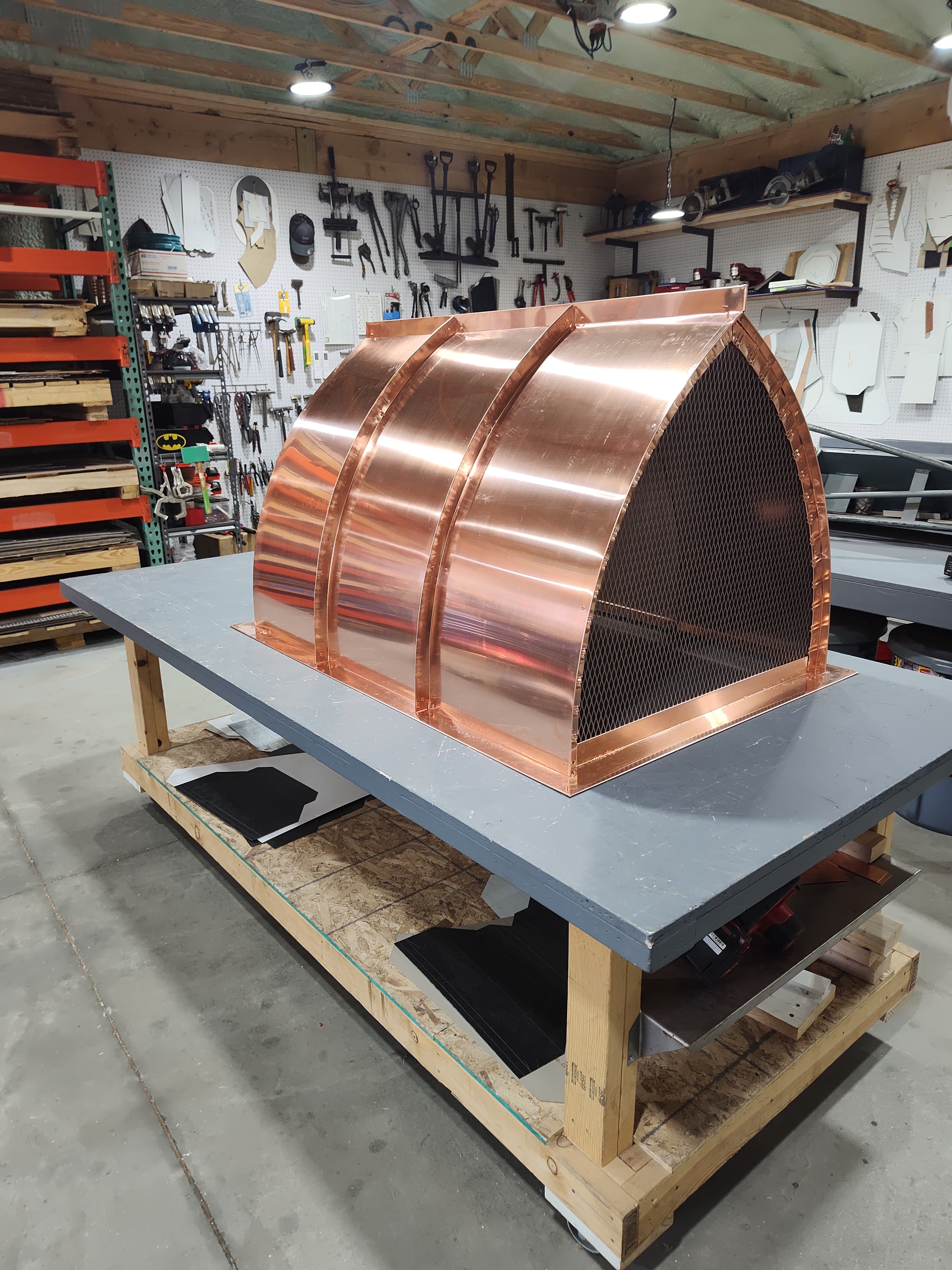Custom copper top mount arched cathedral chimney cap, hand-fabricated