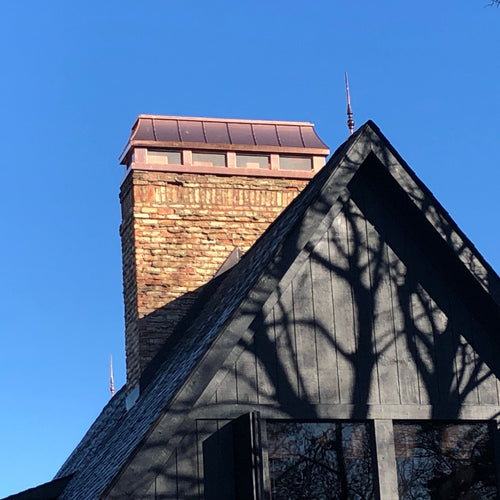 Custom copper chimney cap installed on brick chimney — ships anywhere in the USA

