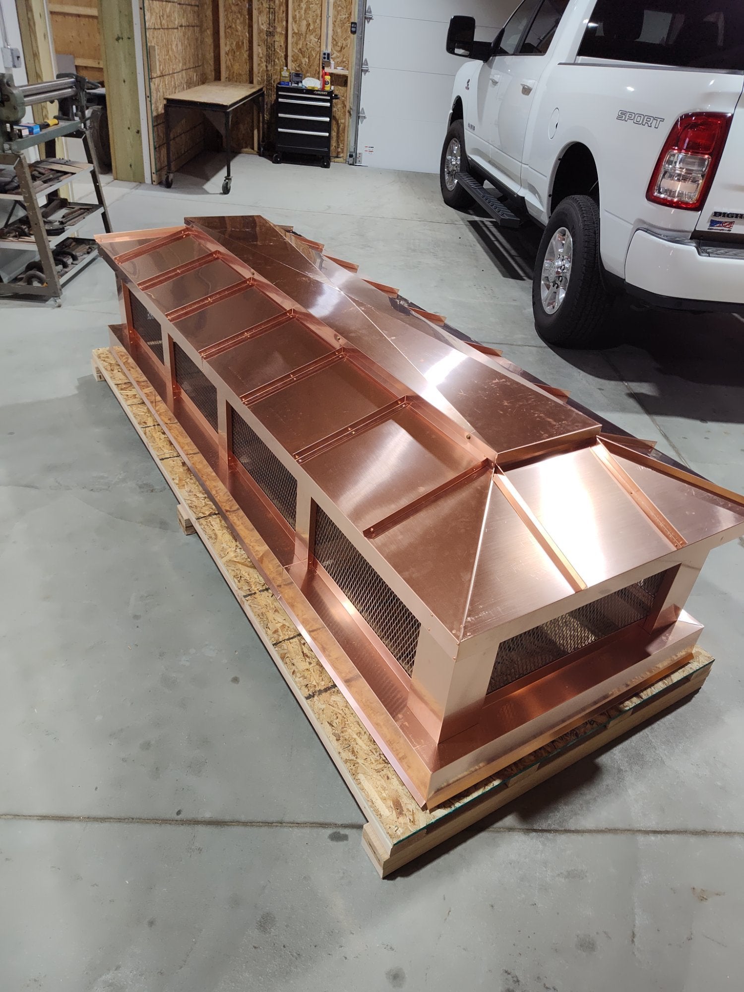 Large multi-section straight panel copper chimney cap overhead view showing removable lids — Archaic Metal Berlin NJ