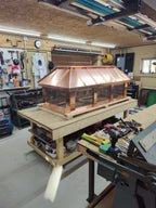 Custom straight panel copper chimney cap top mount detail showing corner posts and integrated spark screen — hand-fabricated by Archaic Metal Berlin NJ