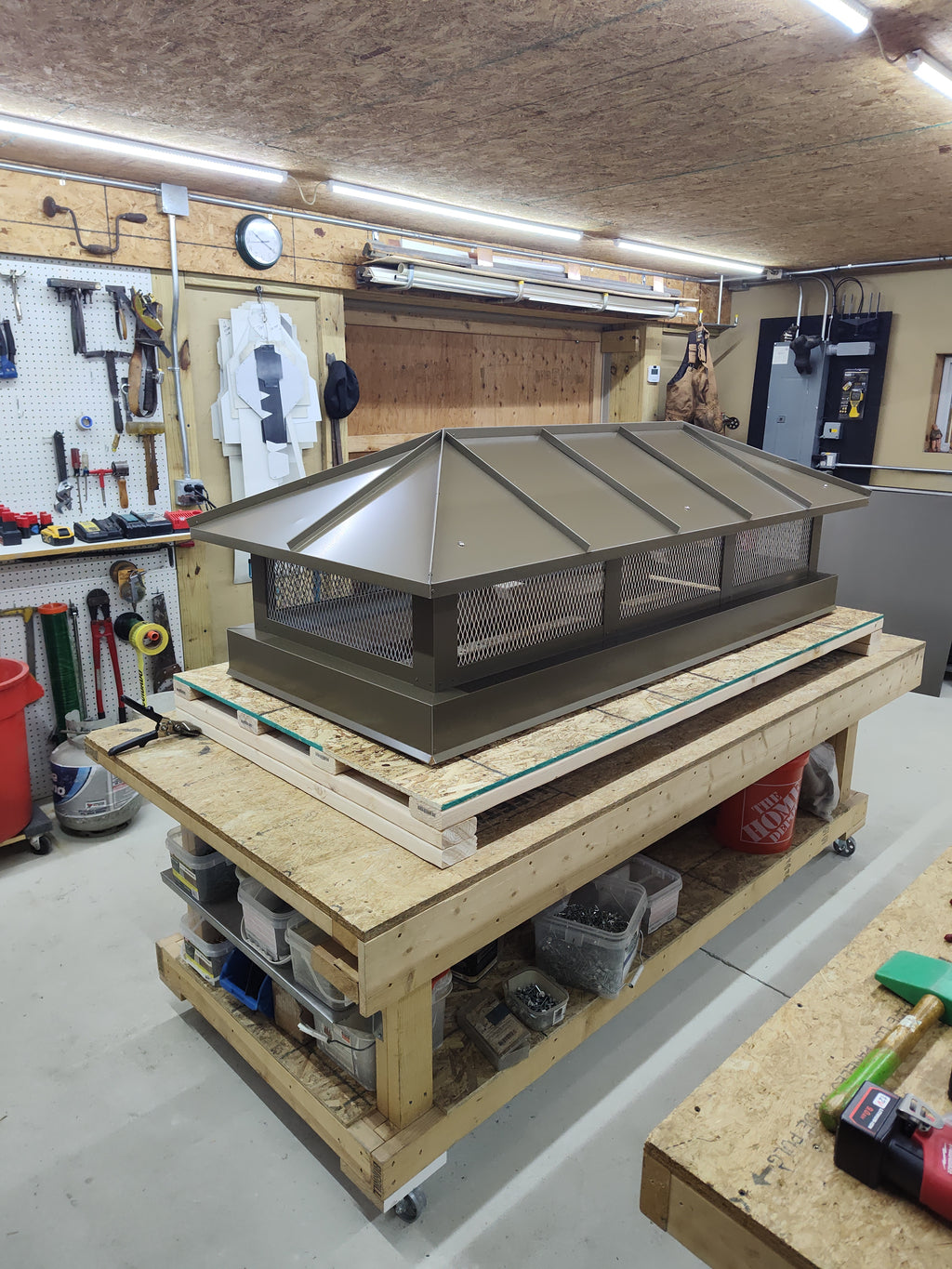 Custom hip and ridge chimney cap in Kynar aluminum side mount — Archaic Metal Berlin NJ

