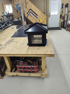 Hip and ridge chimney flue cover Kynar black — hip roof profile and aluminum spark screen, made to order