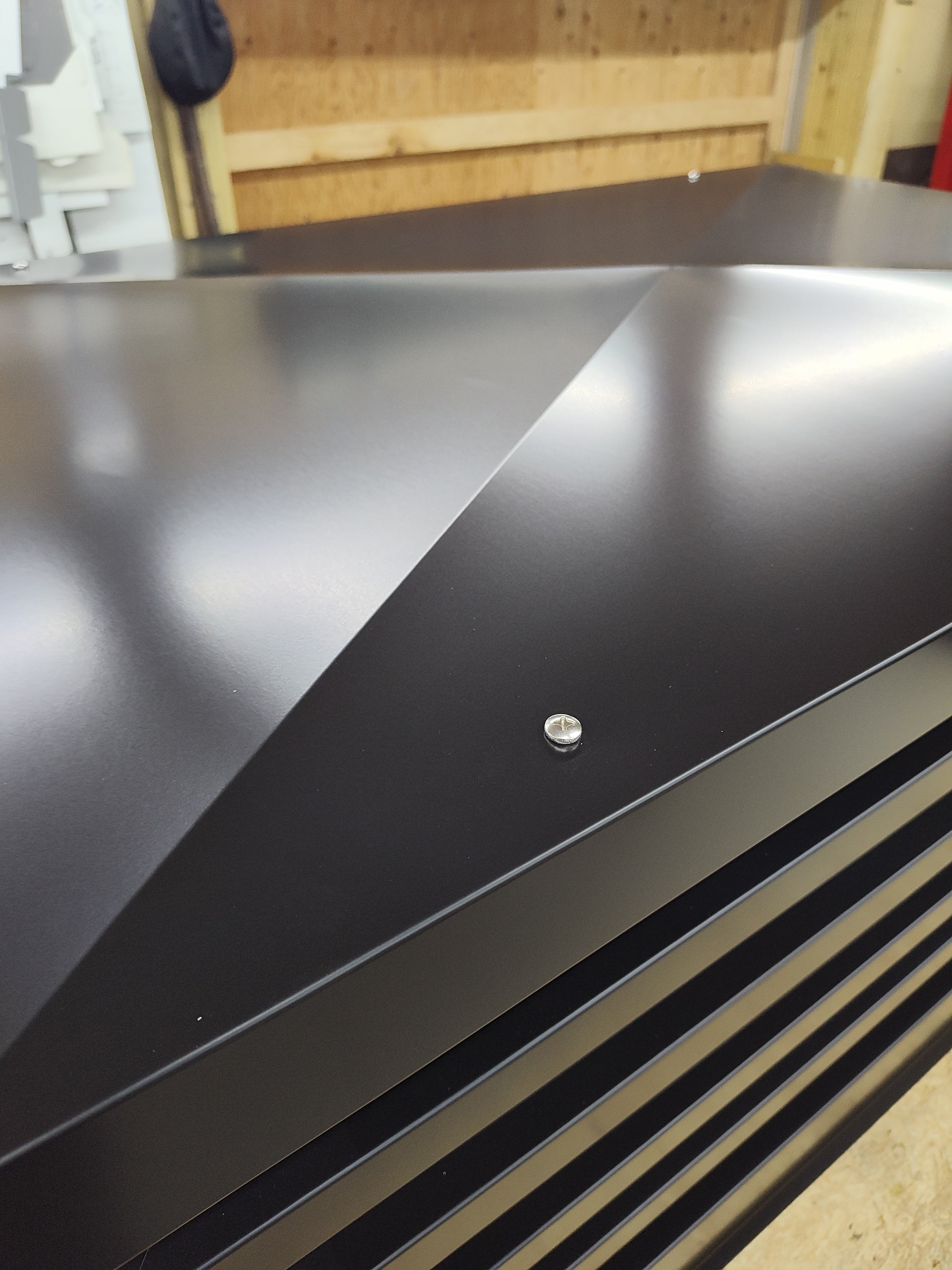 Horizontal louver panel detail on custom chimney shroud — Kynar aluminum fabricated to order