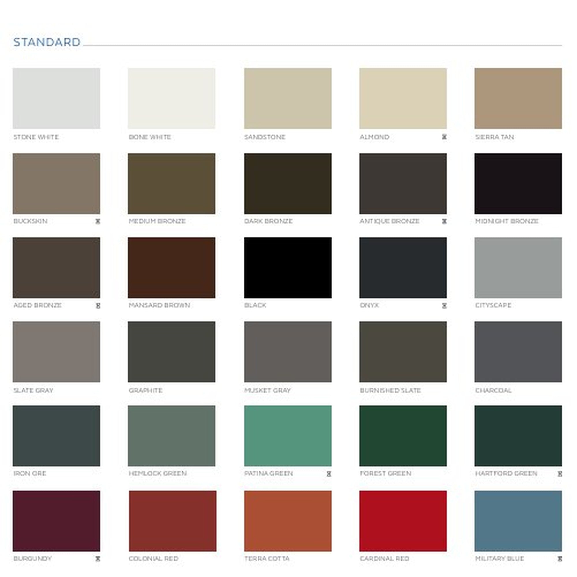 Kynar aluminum chimney cap standard color options — 25 colors available including bronze, gray, green, and red tones