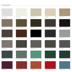 Kynar 500 standard color chart for custom chimney shrouds — available colors include Stone White, Bone White, Sandstone, Almond, Sierra Tan, Medium Bronze, Dark Bronze, Midnight Bronze, Aged Bronze, Mansard Brown, Black, Onyx, Cityscape, Slate Gray, Graphite, Musket Gray, Burnished Slate, Charcoal, Iron Ore, Hemlock Green, Patina Green, Forest Green, Hartford Green, Burgundy, Colonial Red, Terra Cotta, Cardinal Red, and Military Blue — Archaic Metal NJ