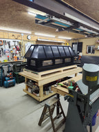 Custom black Kynar aluminum straight panel chimney cap three quarter shop view — hand-fabricated by Archaic Metal Berlin NJ
