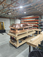 Shiny new copper hip and ridge chimney cap — 16oz copper fabricated in Berlin NJ

